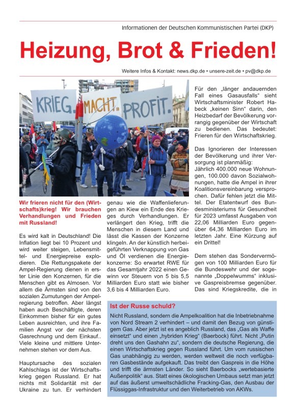 DKP-Information Info 2022: Heizung, Brot & Frieden! (PDF, 2.13 MB) DKP-Information Info 2022: Heizung, Brot & Frieden! (PDF, 2.13 MB)