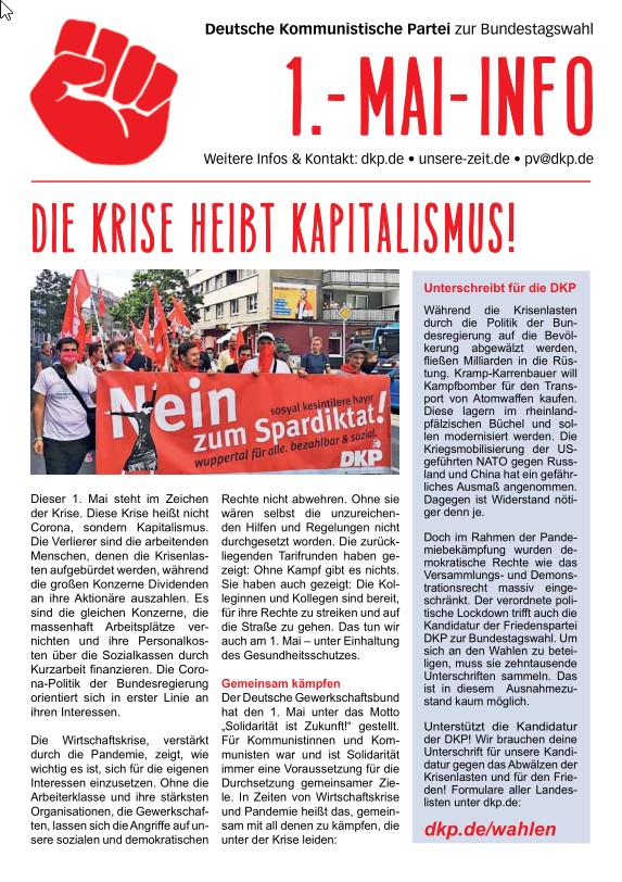 DKP-Information Kriseninfo 2021: Die Krise heißt Kapitalismus! (PDF, 0.56 MB) DKP-Information Kriseninfo 2021: Die Krise heißt Kapitalismus! (PDF, 0.56 MB)