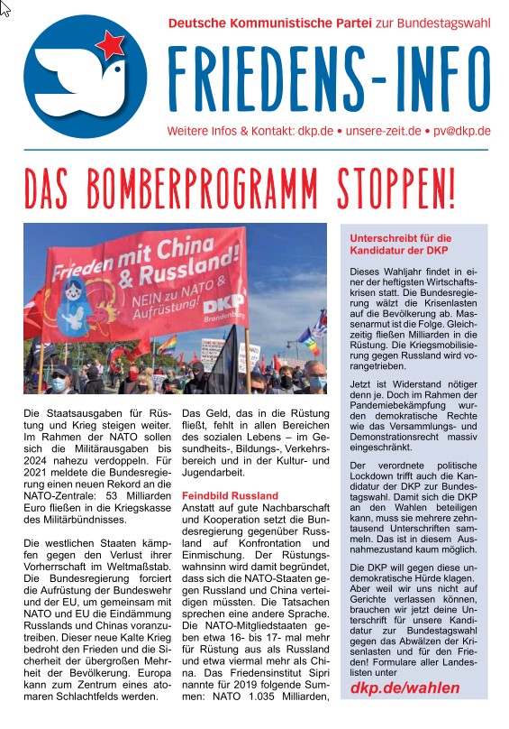 DKP-Information Friedens-Info: Das Bomberprogramm stoppen! (PDF, 0.63 MB) DKP-Information Friedens-Info: Das Bomberprogramm stoppen! (PDF, 0.63 MB)