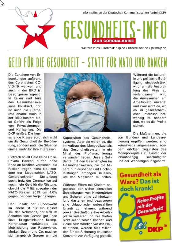 DKP-Information Gesundheits-Info: Geld für die Gesundheit – statt für NATO und Banken (PDF, 0.49 MB) DKP-Information Gesundheits-Info: Geld für die Gesundheit – statt für NATO und Banken (PDF, 0.49 MB)