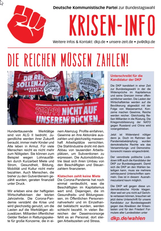 DKP-Information Kriseninfo 2021: Die Reichen müssen zahlen! (PDF, 0.57 MB) DKP-Information Kriseninfo 2021: Die Reichen müssen zahlen! (PDF, 0.57 MB)