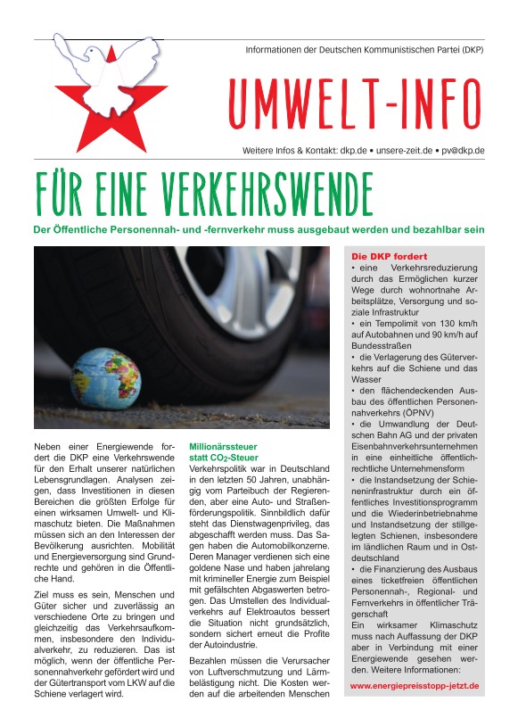 DKP-Information Umwelt-Info 2022; Für eine Verkehrswende (PDF, 1.87 MB) DKP-Information Umwelt-Info 2022; Für eine Verkehrswende (PDF, 1.87 MB)